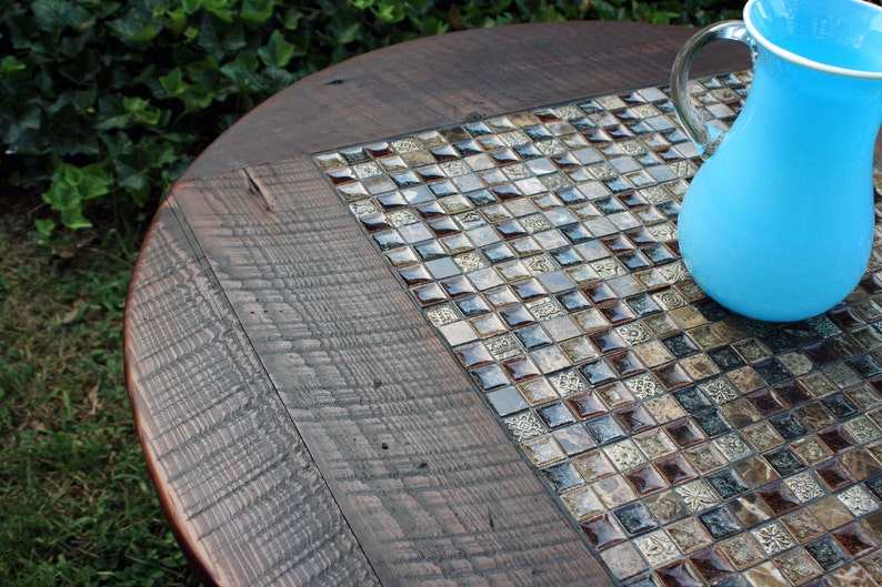 Round Coffee Table. Dark Brown Circular Coffee Table. Tile Mosaic Round Table. Roman Ruins Mosaic. 38diameter x 17t. Dark Brown Finish image 5