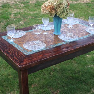 Kitchen Table. Copper Table. Rustic Dining Table. Mosaic Dining Table. Aztec Blue Copper Mosaic. 34w x 60l x 30t. Dark Brown Finish image 5