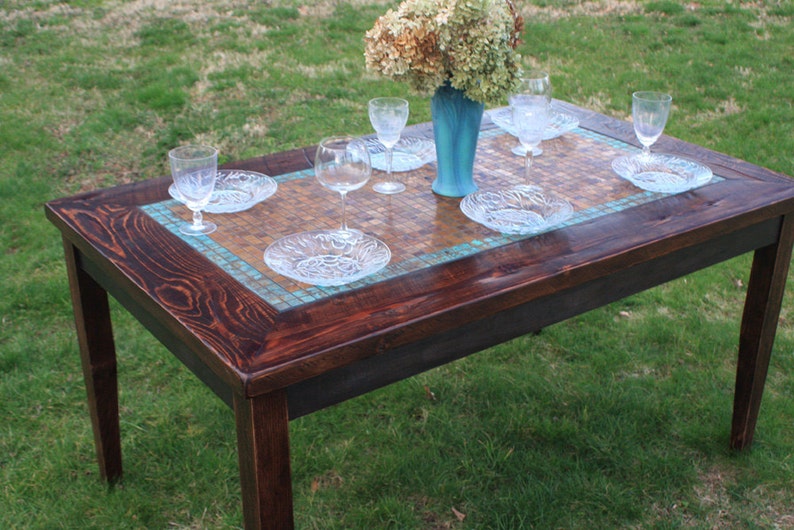 Kitchen Table. Copper Table. Rustic Dining Table. Mosaic Dining Table. Aztec Blue Copper Mosaic. 34w x 60l x 30t. Dark Brown Finish image 5