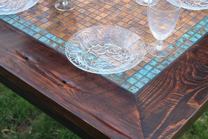 Kitchen Table. Copper Table. Rustic Dining Table. Mosaic Dining Table. Aztec Blue Copper Mosaic. 34w x 60l x 30t. Dark Brown Finish image 4