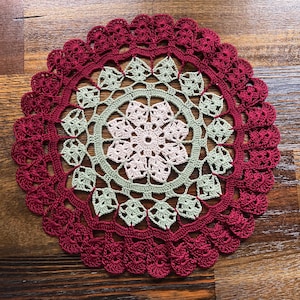 11” tri color Christmas themed doily Hand crocheted home decor lacy housewares country cottage victorian burgundy sage green cream