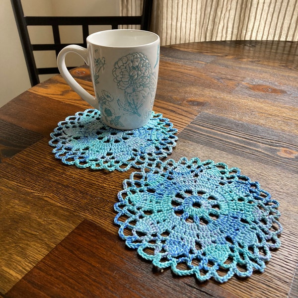 Set of 2 ocean blue multi colored 7 inch doily coaster or doily Handmade crocheted lavender aqua navy blue