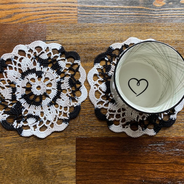 Set of 2 shades of black grey white  colored 6 inch doily coaster or doily Handmade crocheted pale grey autumn fall winter Halloween