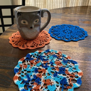 Set of 3 autumn shaded colored 6 inch doily coaster or doily Handmade crocheted wedding shower Fall pumpkin Royal blue aqua and cream