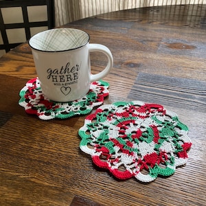 Set of 2 mistletoe Christmas colored 6.5 inch doily coaster or doily Handmade crocheted white red green