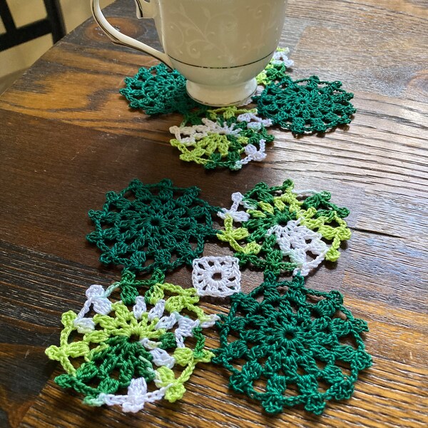 set of 2 green mandala 5 x 6 inch doilies or coasters Handmade crocheted  lime white hunter green St Patrick’s day Easter hand pieced March