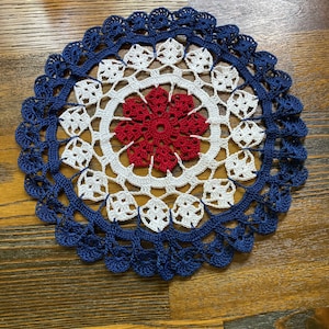 11.5&quot; tri color Americana color themed patriotic doily Hand crocheted home decor lacy housewares July 4th fourth red white blue Memorial Day