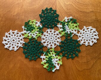 Medallion pieced Hand crocheted  Doily 11 x 8 inches wedding Spring Easter St Patrick’s Day March shades of greens white Diamond shape