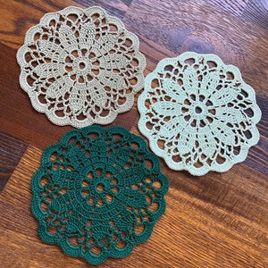 Set of 3 green shaded colored 6 inch doily coaster or doily Handmade crocheted wedding shower gift shamrock st. Patrick’s mint sage hunter
