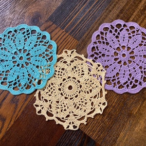 Set of 3 spring shaded colored 6 inch doily coaster or doily Handmade crocheted wedding shower Easter yellow aqua lilac lavender