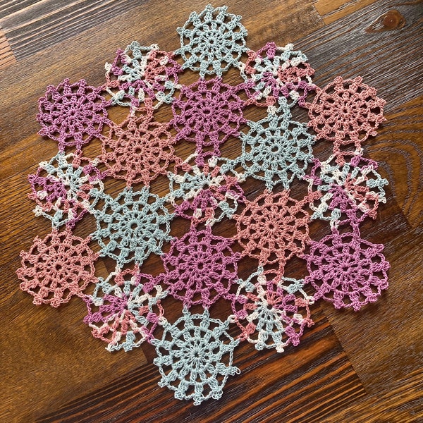 Medallion pieced Hand crocheted  Doily 13 inches diameter wedding Spring Easter Beach Etsy 2024 color of the year Berry Salmon pink aqua