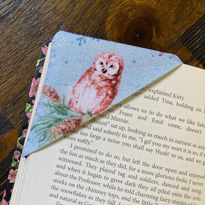 Hand sewn book corner bookmark owl pinecone snowflake   print 3.25” square librarian teacher gift book lover blue snow dot print