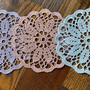 Set of 3 spring shaded colored 6 inch doily coaster or doily Handmade crocheted wedding shower Easter sky blue antique salmon and grey lilac