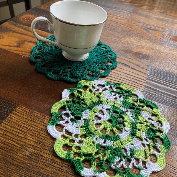 set of 2 green Multi colored 6 inch doilies or coasters Handmade crocheted lime white hunter green St Patrick’s day