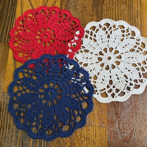 Set of 3 patriotic Americans colored 6 inch doily coaster or doily Handmade crocheted wedding shower gift red white blue July 4
