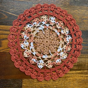 11” tri color Autumn themed doily Hand crocheted home decor lacy housewares vintage style centerpiece fall rust golden copper