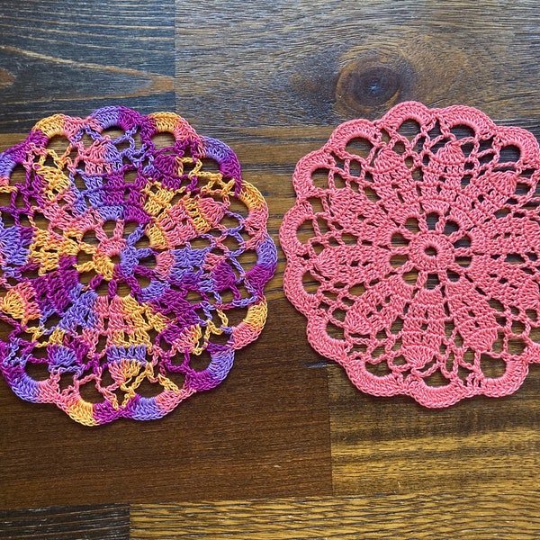 Set of 2 coaster doilies 6.5” Hand crocheted home decor lacy housewares Easter Mother’s Day Spring coral salmon fruit fizz magenta purple