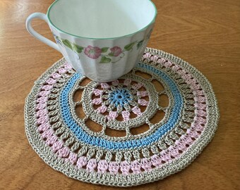 Mini Mandala doily  6.5” inch coaster or doily Handmade crocheted wedding shower gift pink  tan light blue wagon wheel