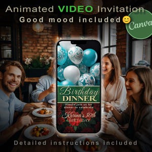 Birthday video invitations Green. Invitation with editable text and images, designed for self-customization. Video and animation included.