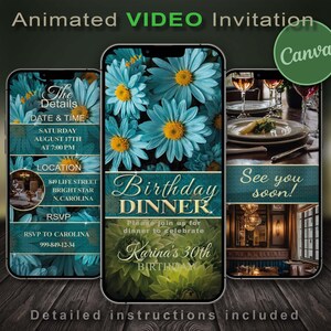 Birthday dinner invitation green Green. Animated invitations with editable text and elements. Video and animation use
