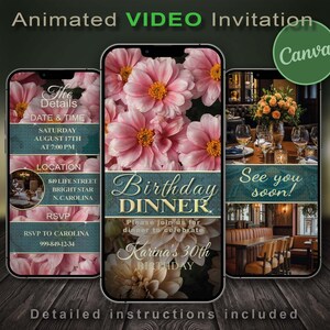 Birthday video invitations Green. Green-themed invitation with editable text and images. Animation and video elements