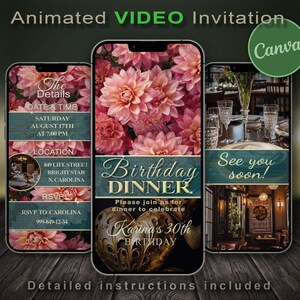 Birthday video invitations Green. Green-themed invitation with editable text and images. Animation and video in use