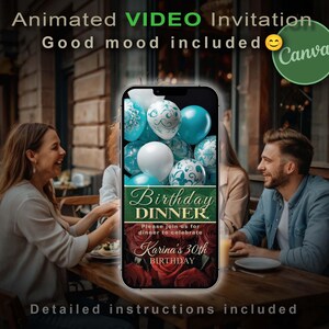 Birthday animated invitations Green. Green-themed invitation with editable text and images. Animated content with video. Birthday Dinner