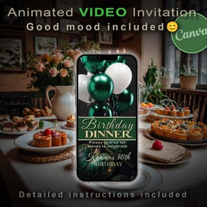 Birthday dinner digital invitation Green. Templates for girls, editable with personal text, photos, and colors. Animated content with video