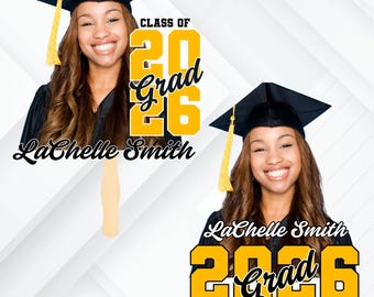 May include: Two graduation fans featuring a smiling person wearing a graduation cap and gown. The fans have the text "2026 Graduation Fans" and "Class of 2026 Grad" in yellow and black. The name "LaChelle Smith" is also printed on the fans.