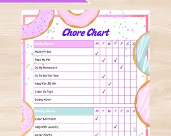 May include: A printable chore chart with a donut theme. The chart has a pink and purple color scheme with a donut graphic at the top and bottom. The chart is divided into daily and weekly chores with checkboxes for each day of the week. The chart includes a section for total points and a reward, which is ice cream.