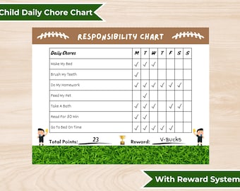 May include: A printable chore chart for kids with a football theme. The chart includes a list of daily chores, a calendar grid for tracking completion, and a points system with a reward of V-Bucks. The total points earned are 23.