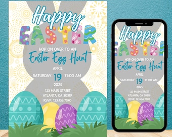 May include: Customizable Easter invitations with the text "Happy Easter" and "Easter Egg Hunt". The design includes colorful Easter eggs, grass, and the date, time, and location of the event.