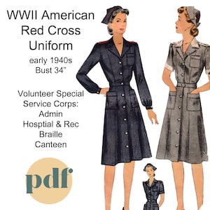 Padrão de costura vintage em PDF para uniforme do Corpo de Voluntários da Cruz Vermelha Americana da Segunda Guerra Mundial, incluindo mulheres cinza - arquivos A4/Letter, A0 e projetor