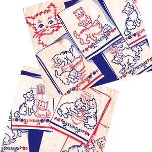 Puede incluir: Una colección de patrones de bordado de estilo vintage con siete cuadrados individuales, cada uno representando un gato realizando una actividad diaria etiquetada con los días de la semana, en tinta roja y azul sobre papel blanco.