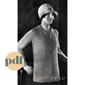 May include: Black and white image of a vintage knit sweater with a collared neckline and a diagonal design on the front. The image also shows a cloche hat. The word "preserve" is at the top of the image, and "pdf" is on the left.