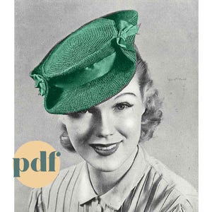 May include: A vintage crochet hat pattern featuring a green crocheted hat with a wide brim and a bow. The pattern is available as a PDF download. The text "preserve" and "pdf" are visible in the image.