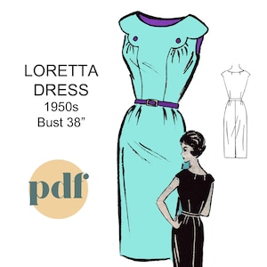 Patrón de costura para vestido con frente festoneado, B38 busto 38, vintage años 50, para proyector, tamaño A4, Carta y A0, PDF - Descarga digital