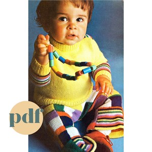 May include: A baby wearing a yellow sweater and colorful patchwork pants, holding a necklace of blue, green, yellow, and red beads. The image has the text "preserve" and "pdf". The website preservepatterns.com is also visible.