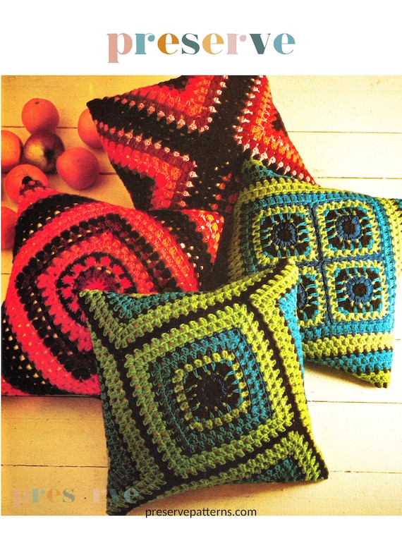 Vintage Crochet Pattern for Two 18" Granny Square Pillows, Worsted Weight Yarn Stashbuster (Paper Version, Mailed to You)