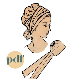 PDF Vintage 50s Sewing Pattern for Wrap-Around Turban, Headwear, Hat - Head Size 21.5, 22 and 23&quot; - Digital Download Lined Chemo Hat