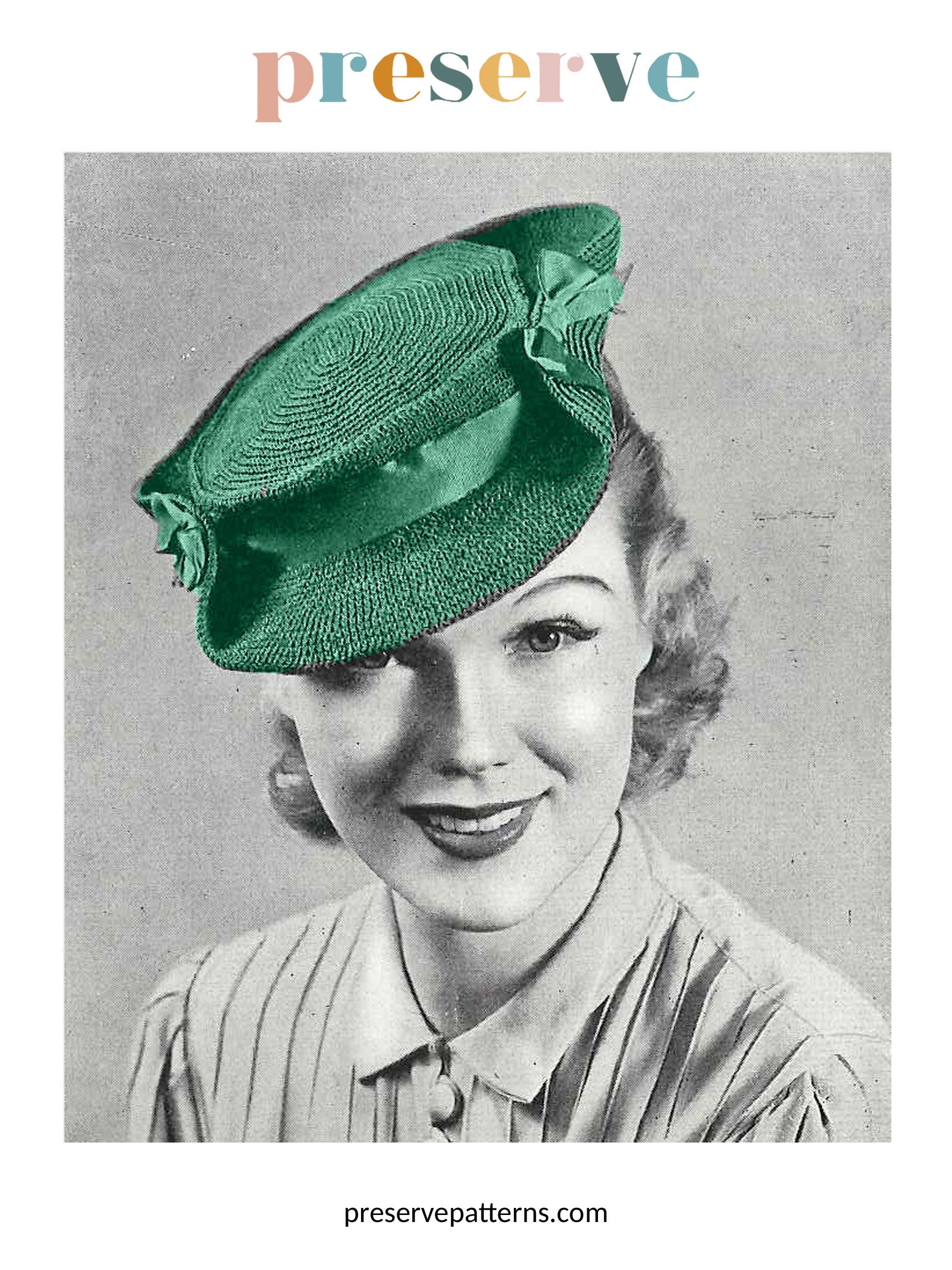 1938年製 かぎ針編み帽子パターン、レディース用スモールクラウン、頭