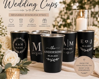 Personalized Wedding Cups | Custom Stainless Steel Pint Cups | Engraved Wedding Favor | Bridal Shower Cups | Reusable Reception Drinkware |