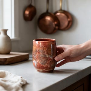 May include: A cylindrical ceramic mug featuring a mottled, reactive glaze in shades of deep rust, burnt orange, and cream. The surface has a textured, organic appearance with a smooth rim and a slightly tapered base, showcasing a unique color variation.