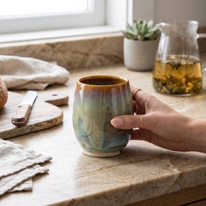 May include: A ceramic tumbler with a smooth, rounded shape featuring a reactive glaze that transitions from a warm amber brown at the rim to a soft sage green and deep blue at the base, with a small maker's mark stamped near the bottom edge.
