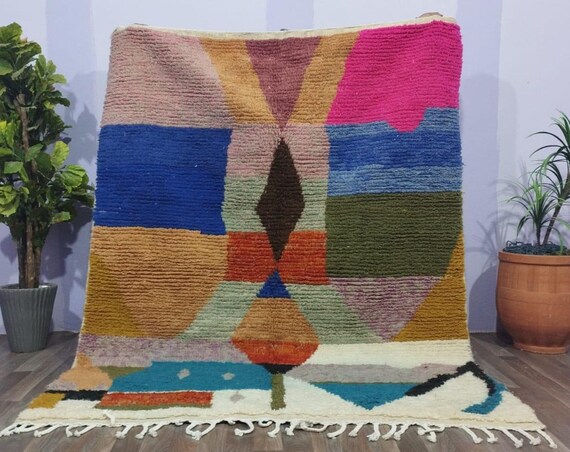 幾何学模様の多色ラグ モロッコ 手織り ランナーラグ