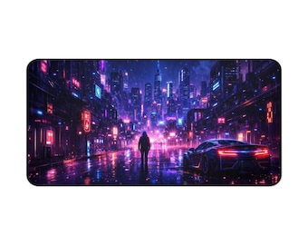 Alfombrilla de escritorio con paisaje nocturno de ciudad cyberpunk / Calle con lluvia de neón, coche futurista