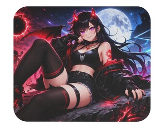 Alfombrilla de ratón Chica Demonio Oscura / Arte de Diablilla Anime, Alfombrilla de Escritorio Gótica Iluminada por la Luna