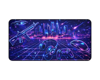 Alfombrilla de escritorio/ratonera Retro Neon Gaming City, diseño para mando y auriculares.