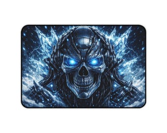 Alfombrilla de escritorio/ratón para juegos con diseño de calavera azul brillante y explosión de hielo.