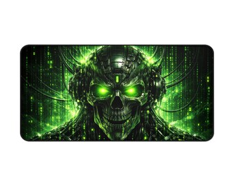 Alfombrilla de escritorio/ratonera para gamers con diseño de calavera cibernética y ojos verdes brillantes.